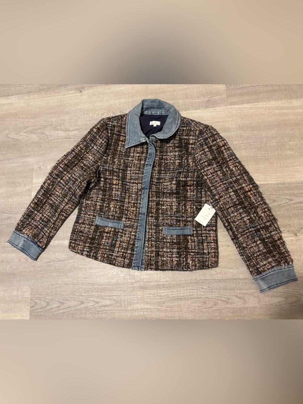 Ecru Tweed Jean Jacket Size PL Light Brown Rustic Farm Western City Chic Collard